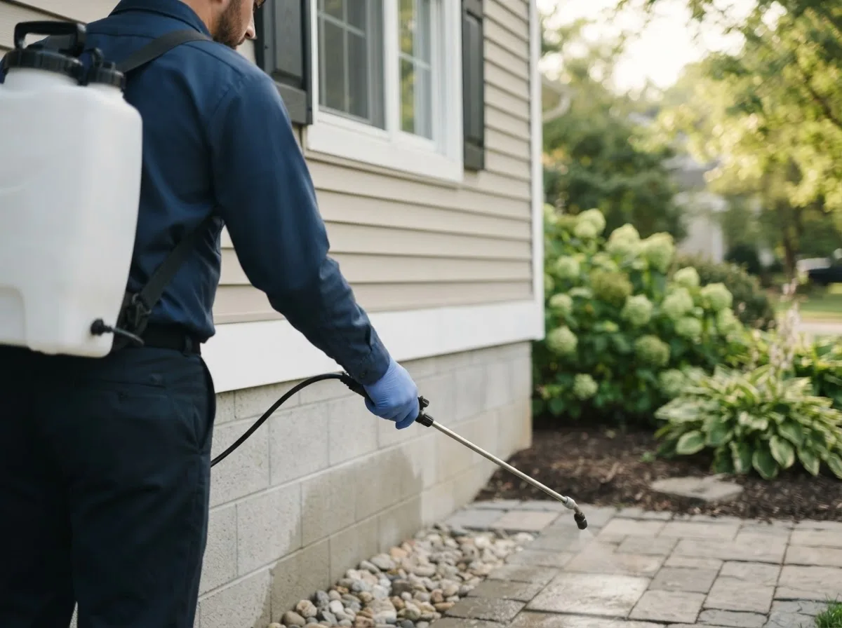 Pest control technician inspecting a home in Toulon, IL